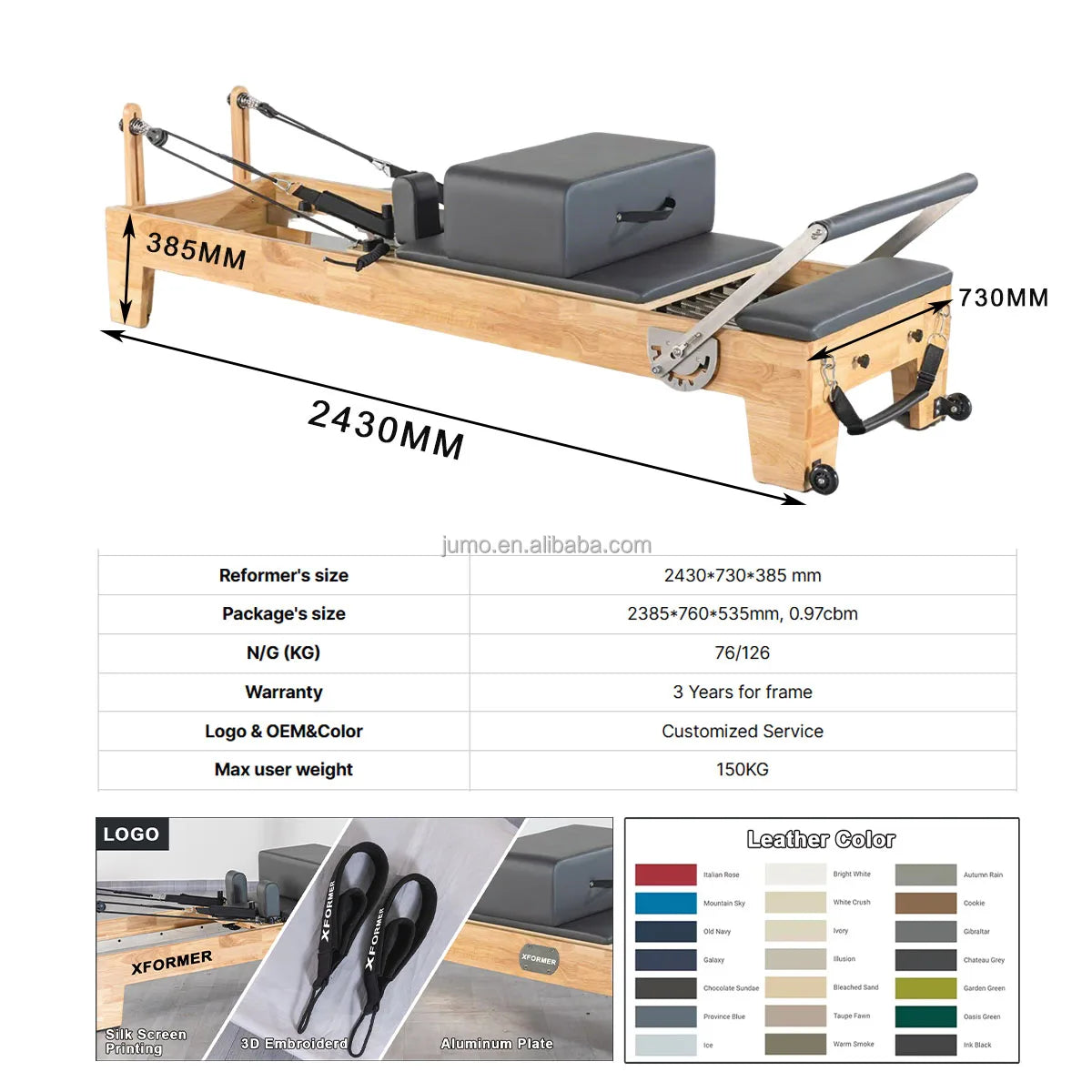 Professional Oak Wood Pilates Reformer Commercial Studio Grade 2430mm