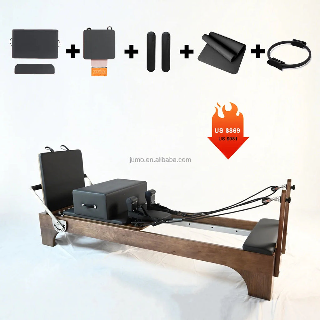 Walnut Wood Pilates Reformer with Tower and Adjustable Resistance