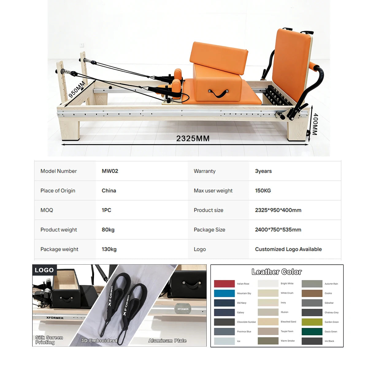 Maple Wood Pilates Reformer Machine Full Track Orange 2325mm