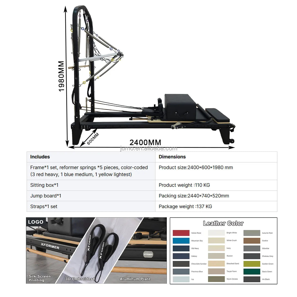 Aluminum Pilates Reformer with Half Tower 2400mm Black