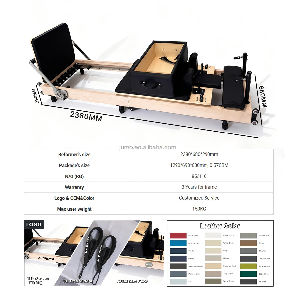 JUMO Foldable Maple Wood Pilates Reformer Black 2550mm