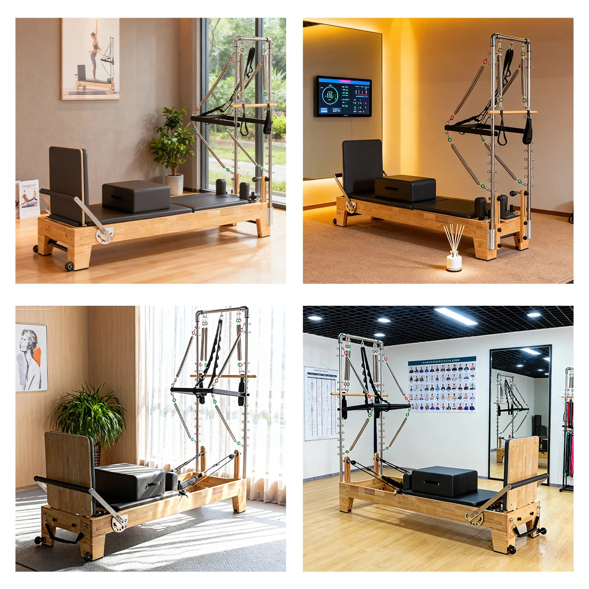 Oak Wood Pilates Reformer Machine With Tower Adjustable Resistance