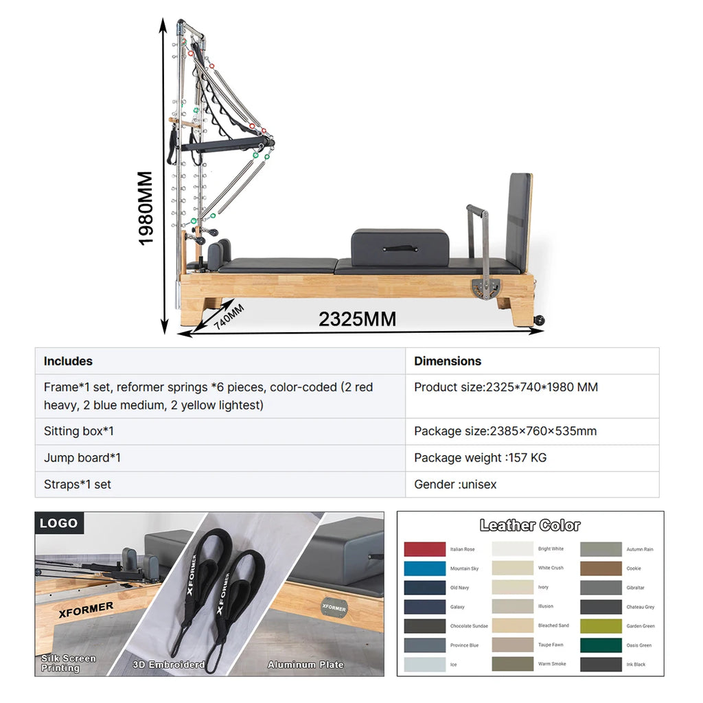 Oak Wood Pilates Reformer Machine With Tower Adjustable Resistance