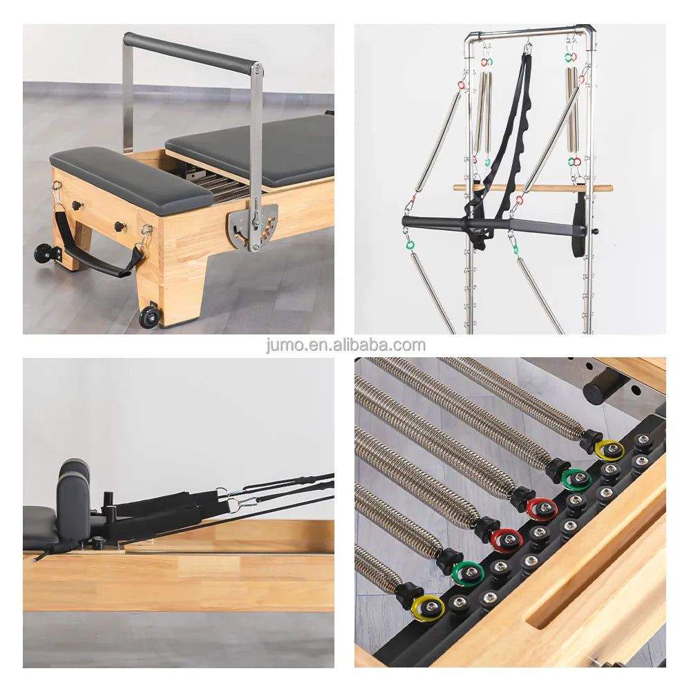 Professional Oak Wood Pilates Reformer with Half Tower Gray
