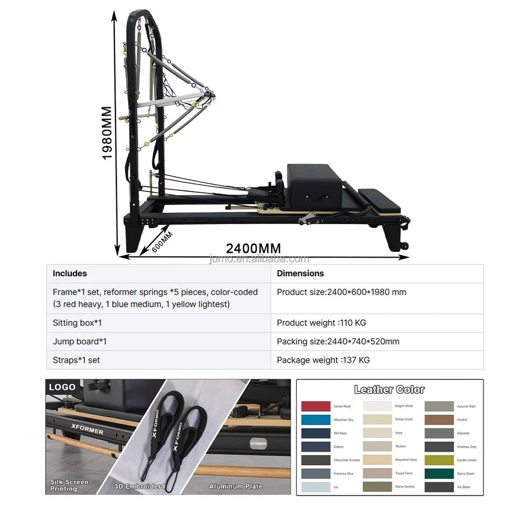 Aluminum Pilates Reformer with Half Tower Black 94in Frame