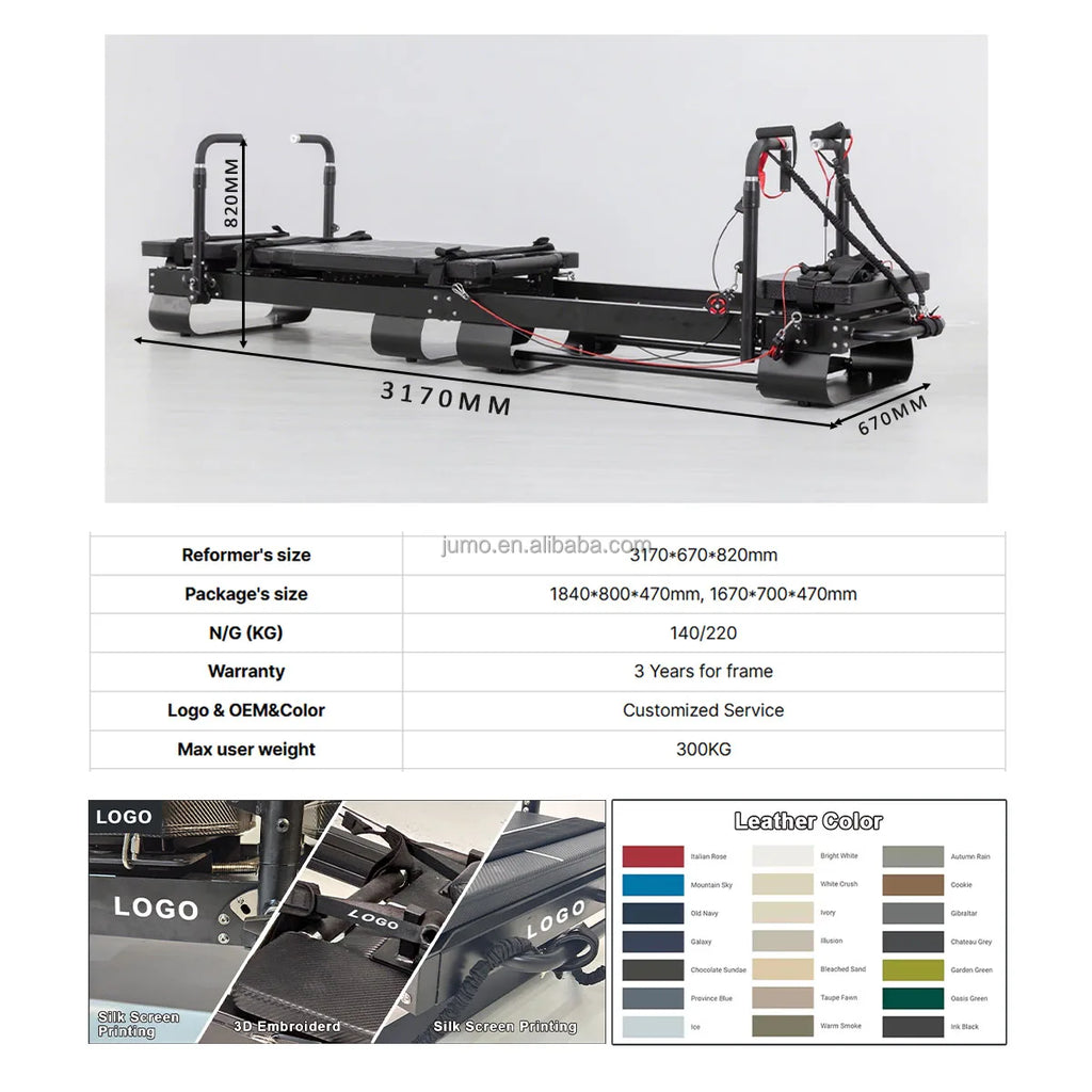 Aluminum Pilates Reformer Commercial Grade Smooth Glide 3290mm Black