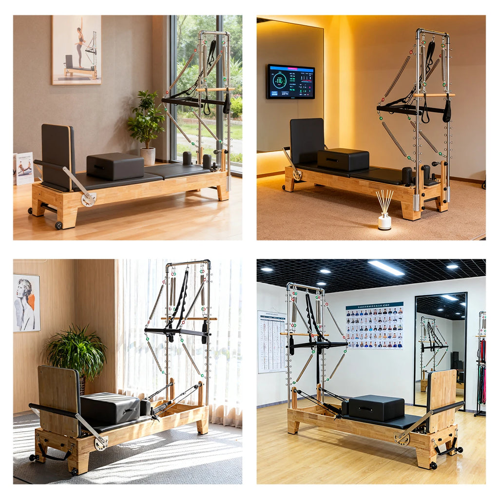 Professional Oak Wood Pilates Reformer with Half Tower Gray