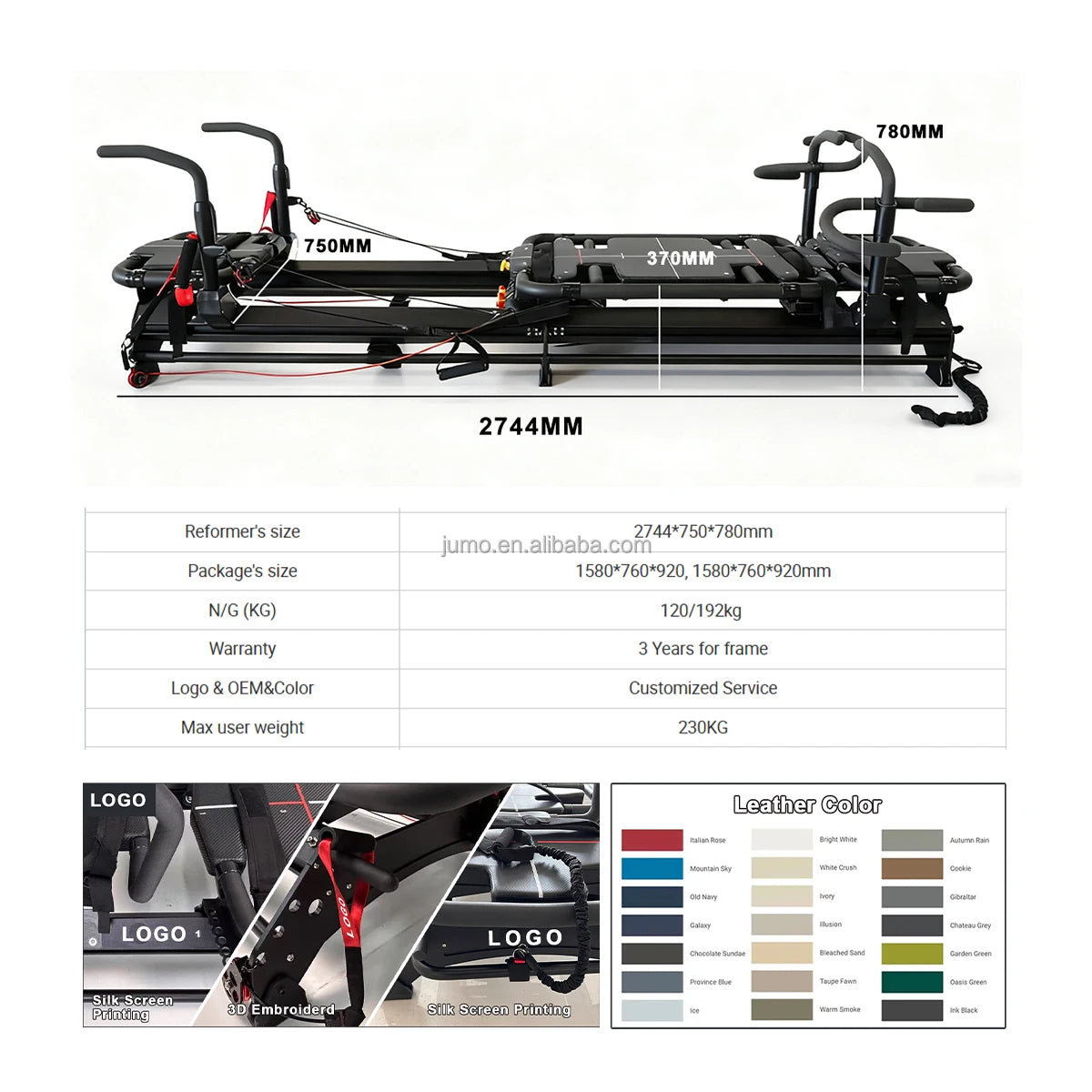 Professional Studio Pilates Reformer Machine Aluminum Alloy 2744mm