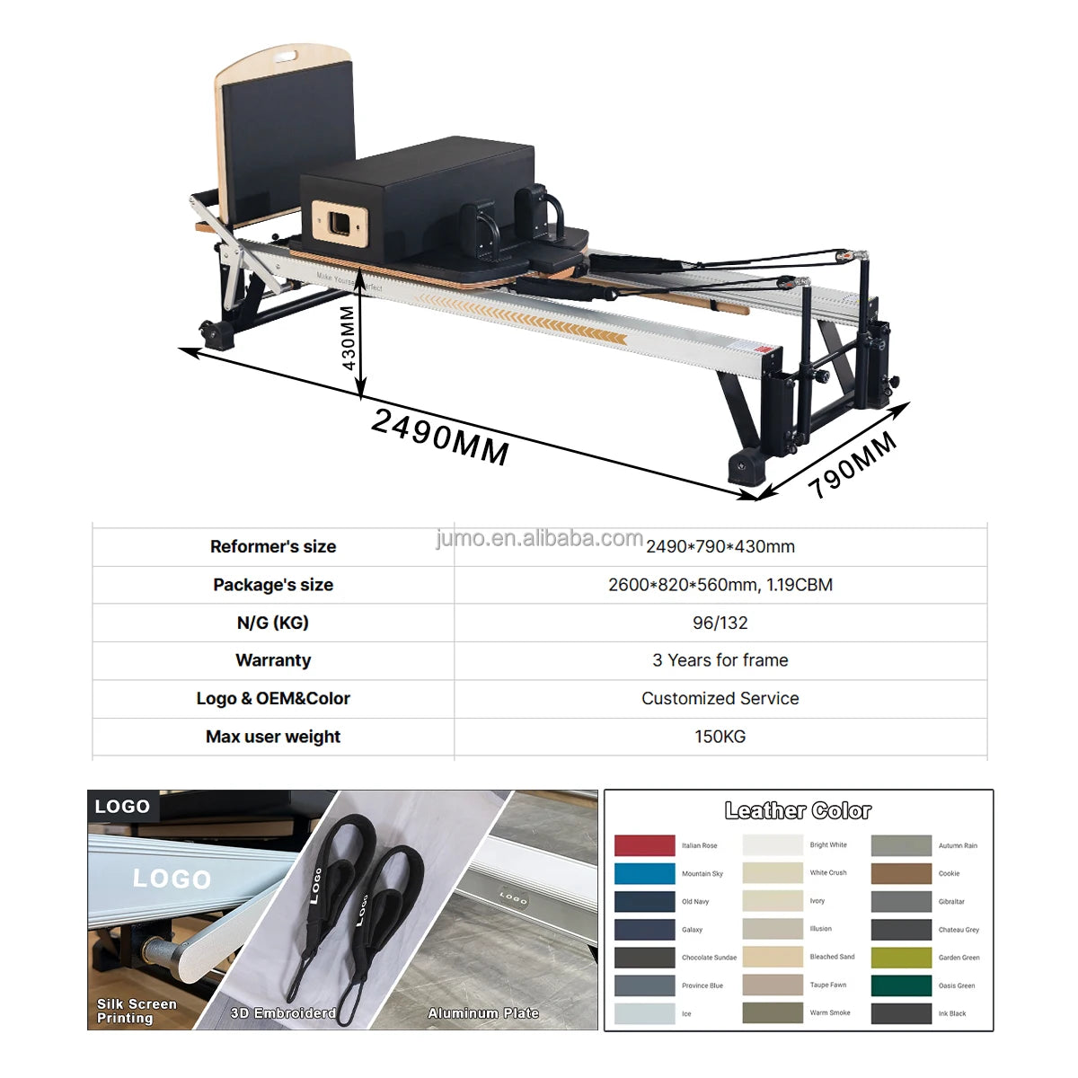 Professional Aluminum Pilates Reformer Commercial Grade Black 98in