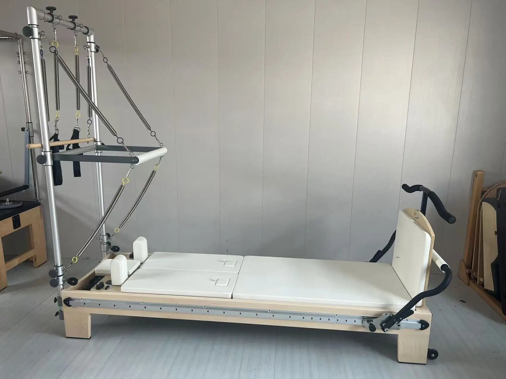 Split Carriage Maple Wood Pilates Reformer Tower White