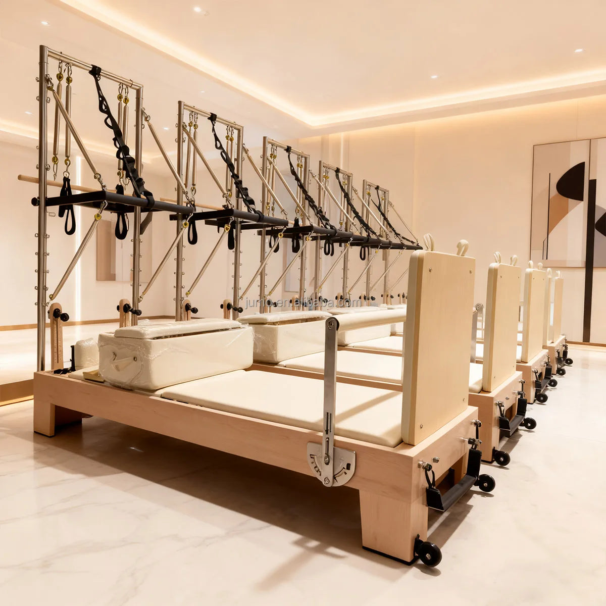 Maple Wood Pilates Reformer with Tower and Half Trapeze Petrol Green