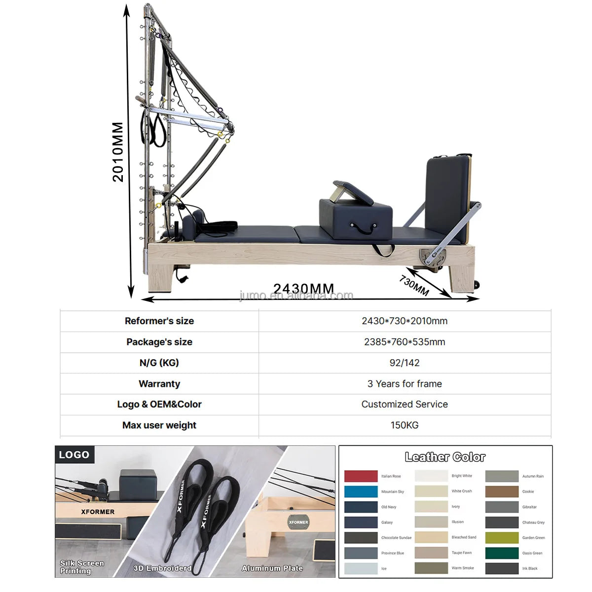 Maple Wood Pilates Reformer with Tower and Half Trapeze Petrol Green