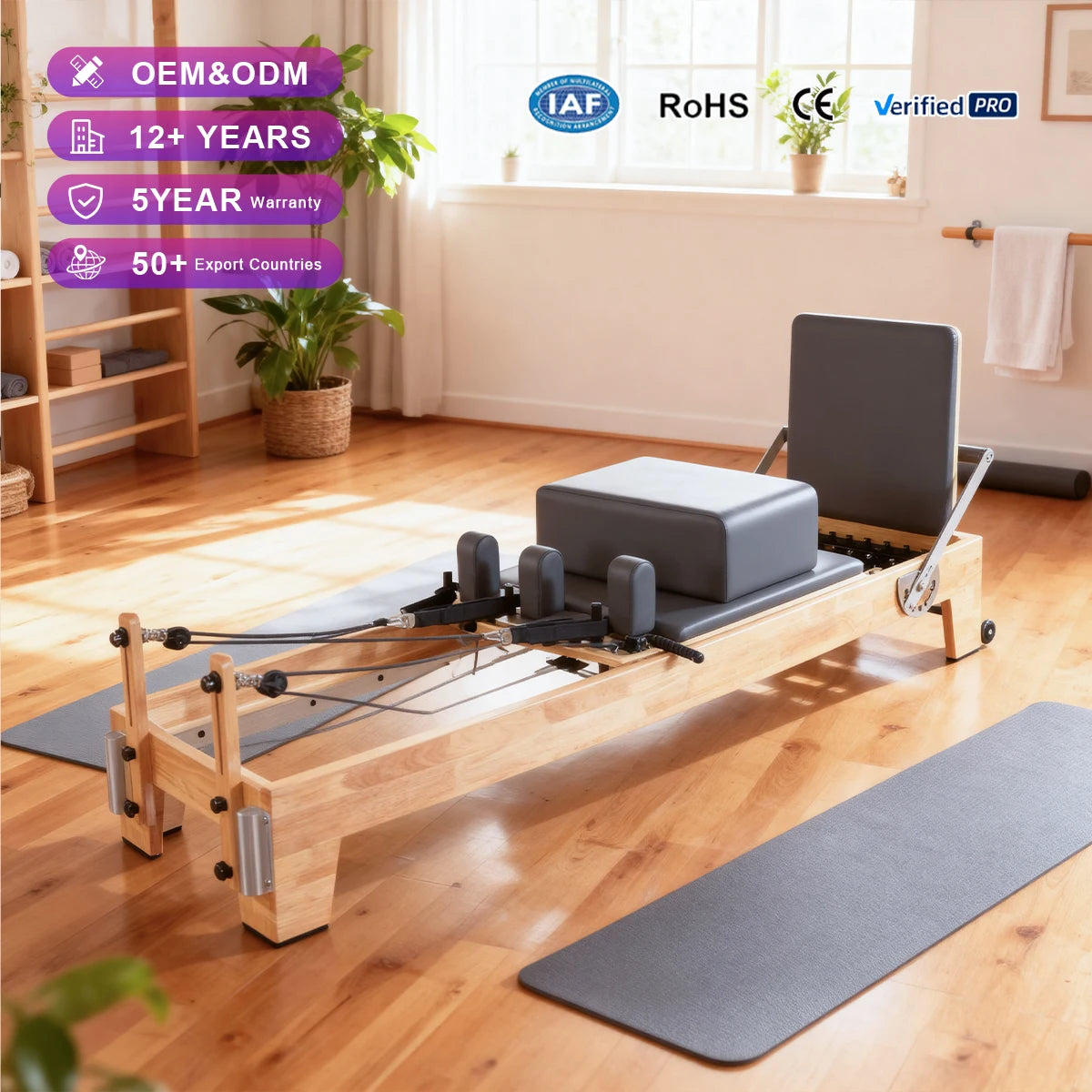 Professional Oak Wood Pilates Reformer Studio Equipment 2400mm