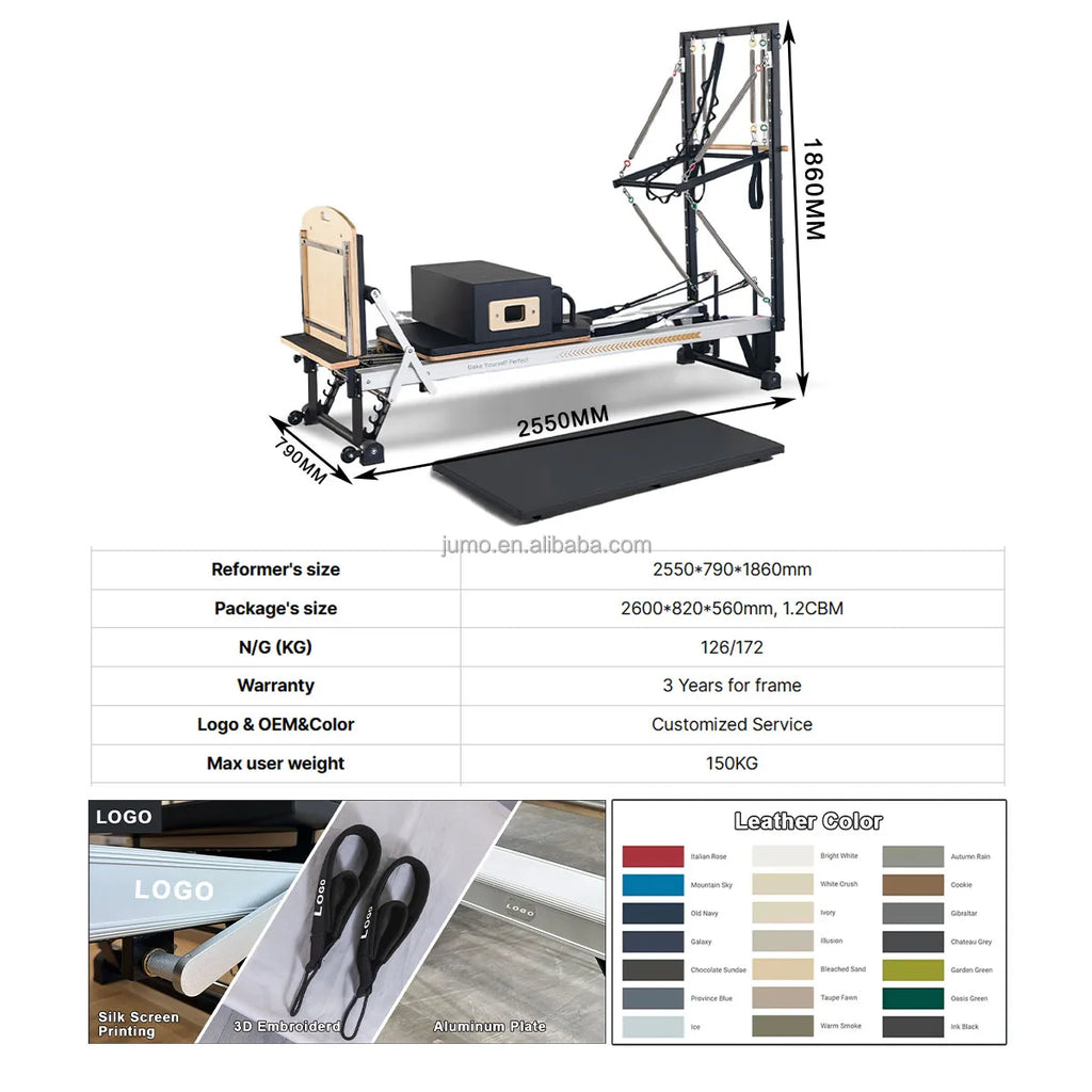 Adjustable Aluminum Pilates Reformer with Half Tower Black 255cm