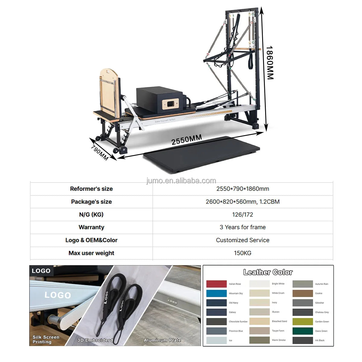 Adjustable Aluminum Pilates Reformer with Half Tower Black 255cm