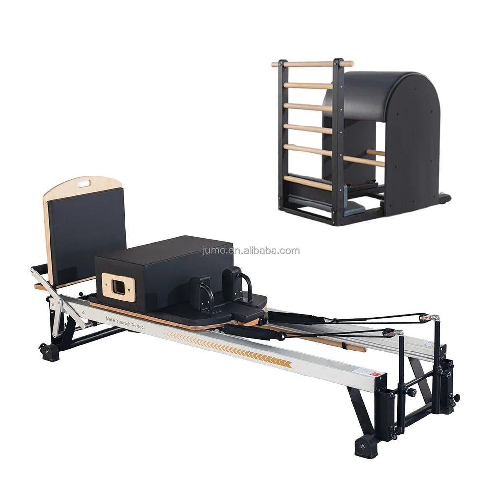 Aluminum Pilates Reformer and Ladder Barrel Set Black