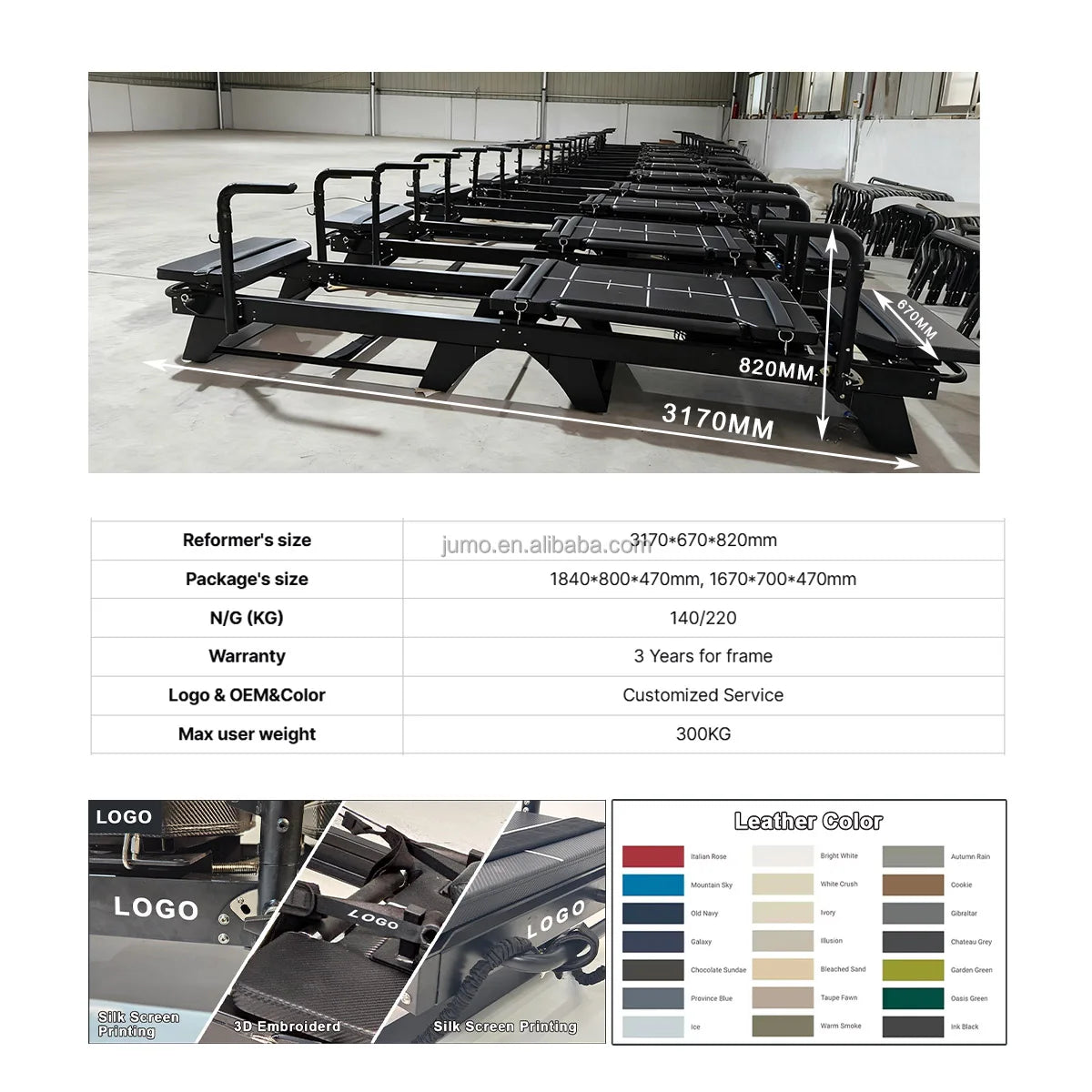 LX-H Aluminum Pilates Reformer Commercial Grade Black 317cm