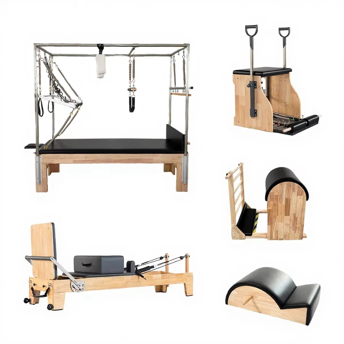 Oak Wood Pilates Reformer Set with Tower and Cadillac