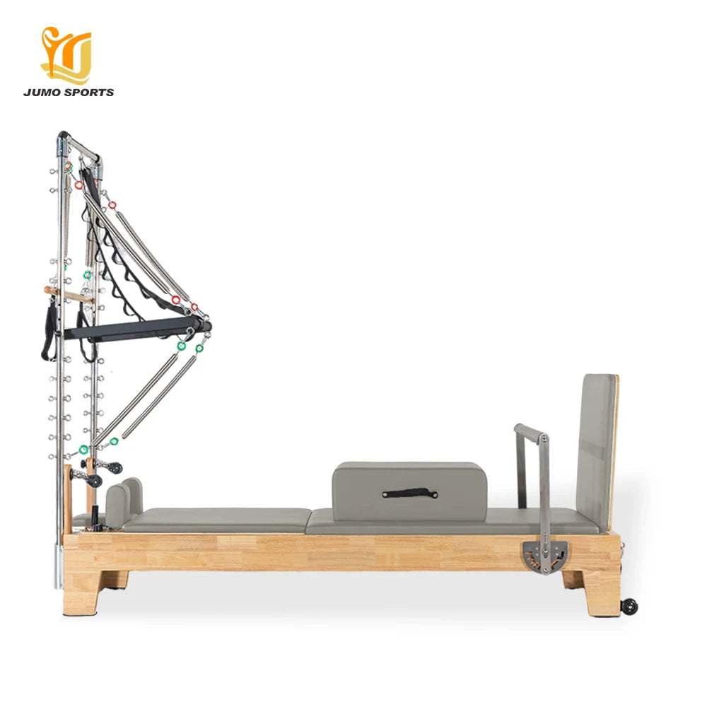 Professional Oak Wood Pilates Reformer with Half Tower Gray