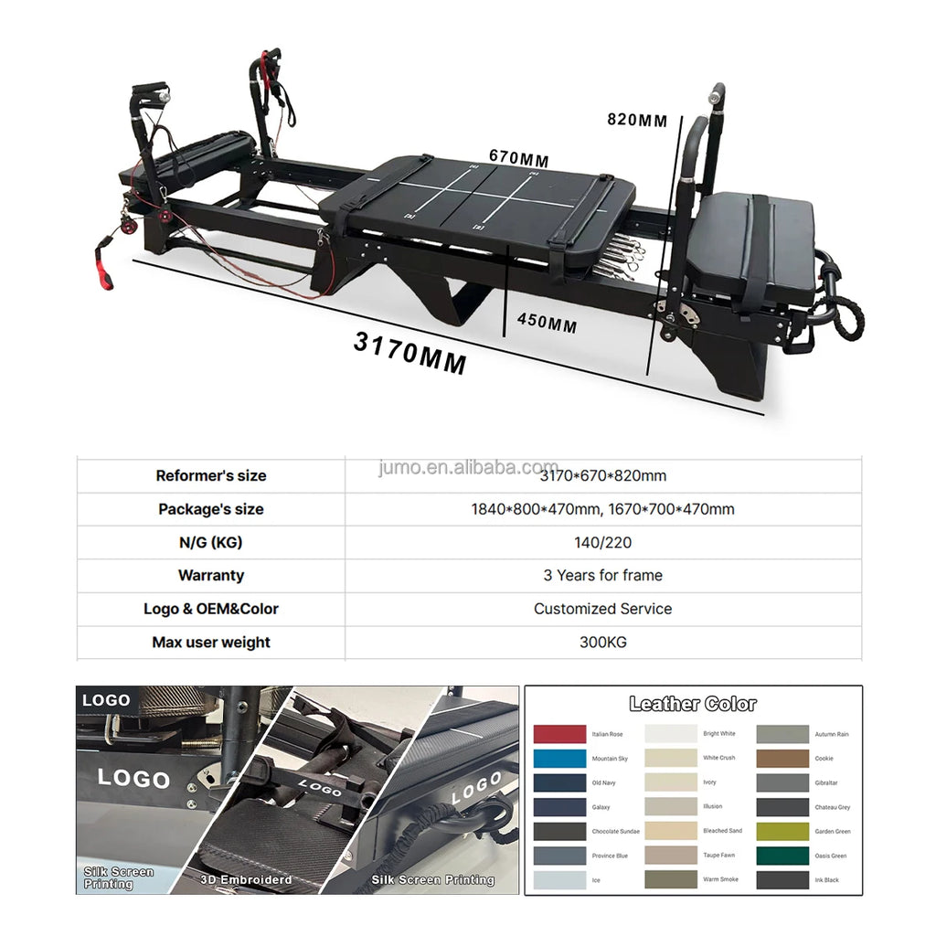 Aluminum Pilates Reformer Commercial Grade 3170mm Black