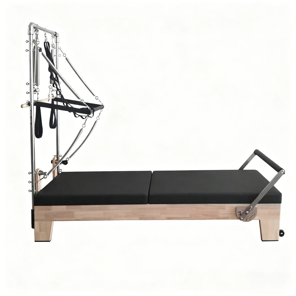 Oak Wood Pilates Reformer Tower with High Performance Carriage Black