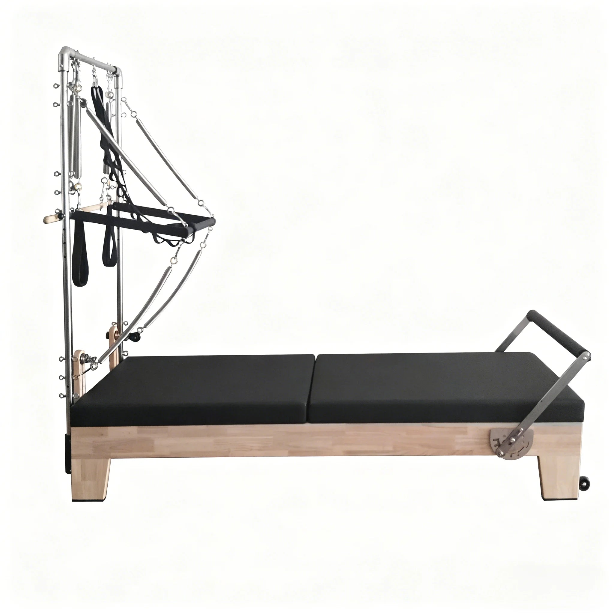 Oak Wood Pilates Reformer Tower with High Performance Carriage Black