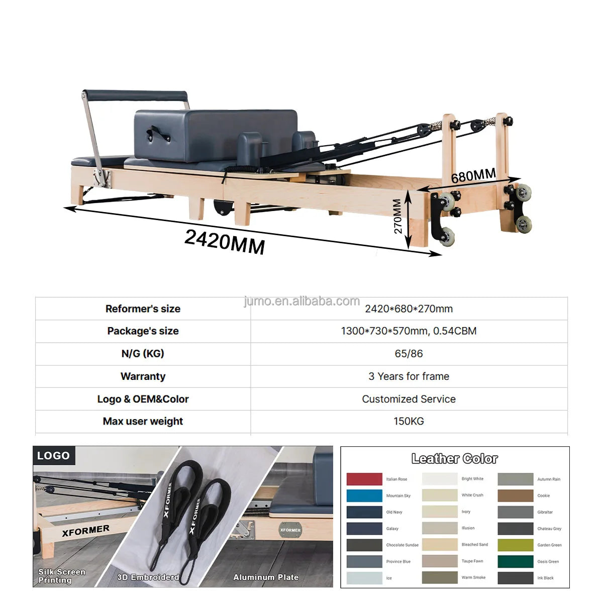 JUMO FW02 Foldable Pilates Reformer Maple Wood Black 255x66x63cm