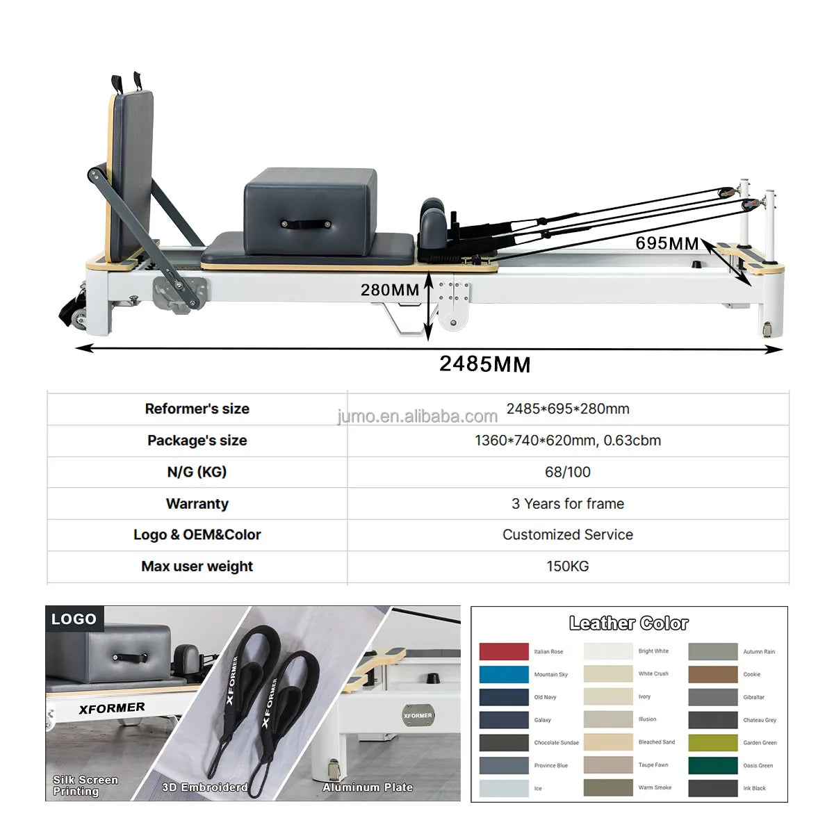 Jumo Aluminum Foldable Pilates Reformer Adjustable Footbar White