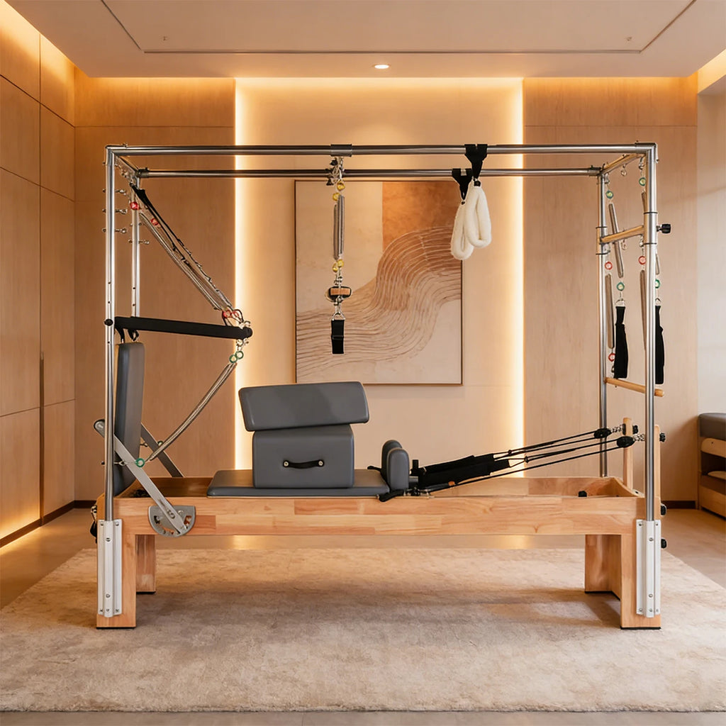 Oak Wood Pilates Reformer, Commercial Studio Equipment Adjustable Resistance
