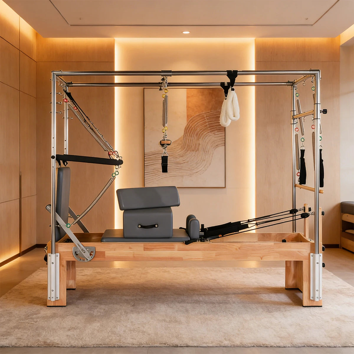Oak Wood Pilates Reformer, Commercial Studio Equipment Adjustable Resistance